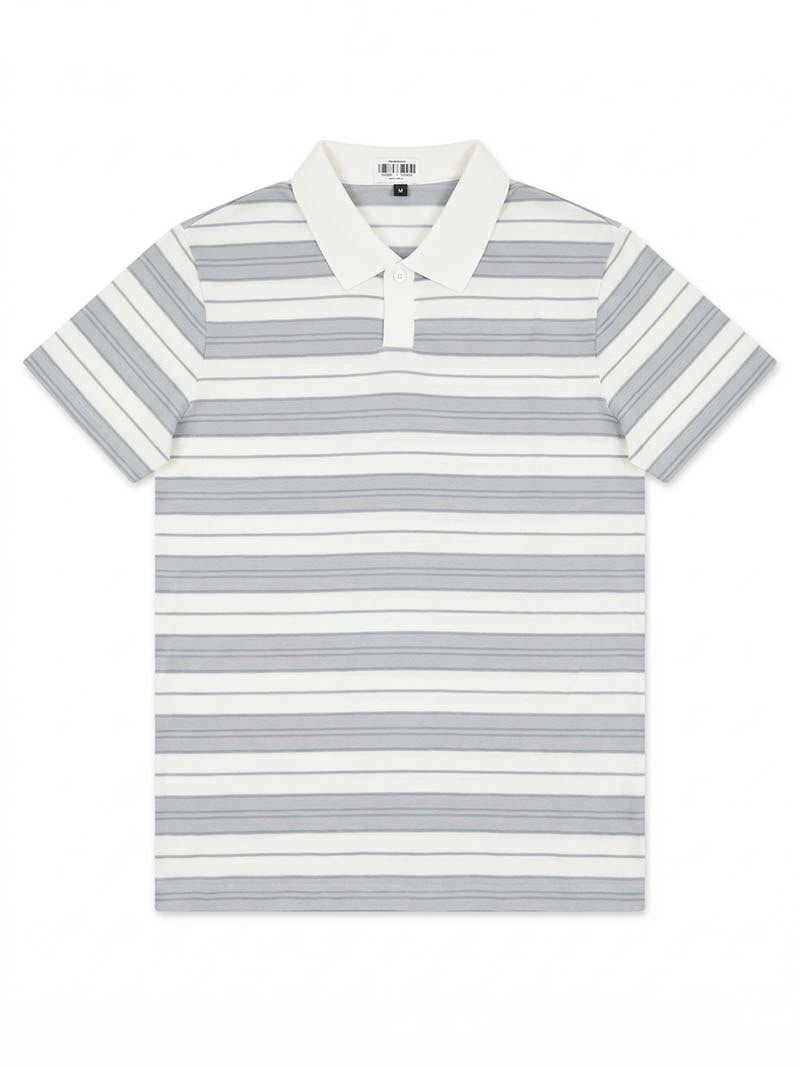 Horizontal Striped Polo Shirt with Contrast Collar White / Light Grey