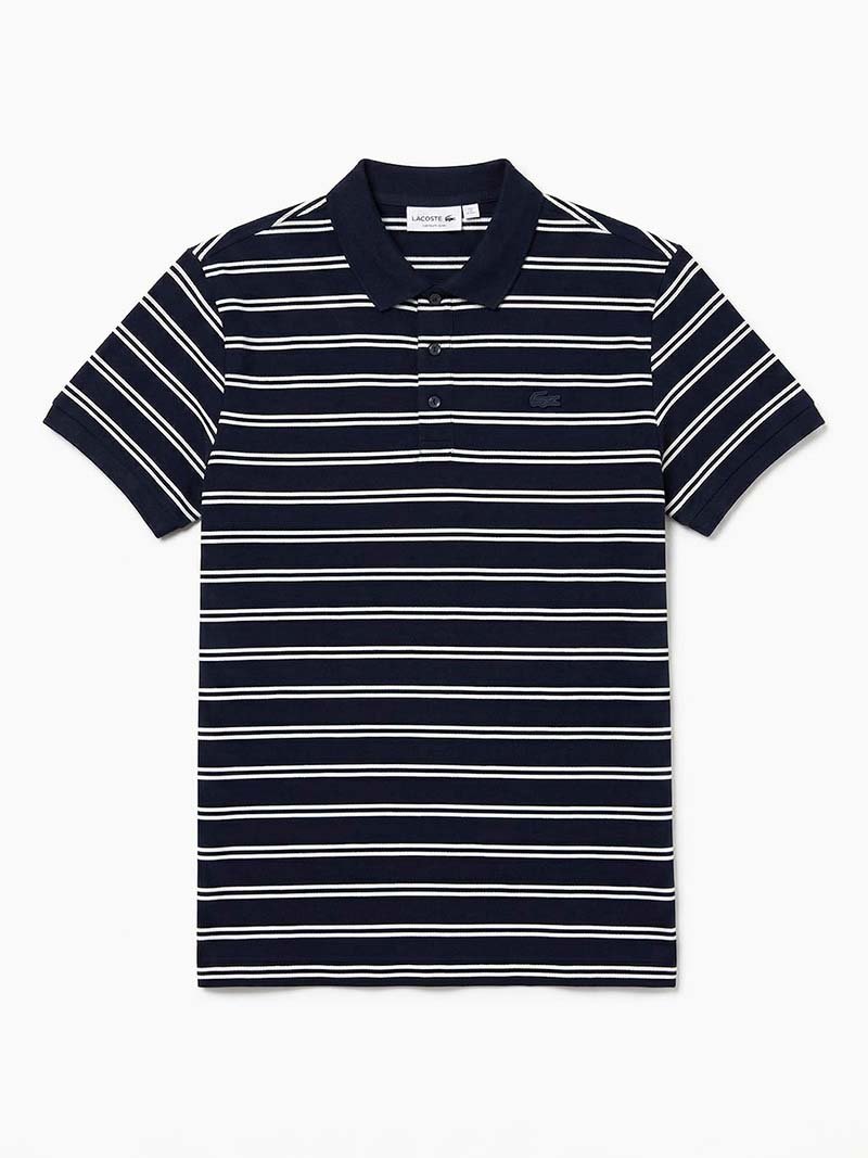 Lacoste Navy Blue Striped Cotton Polo